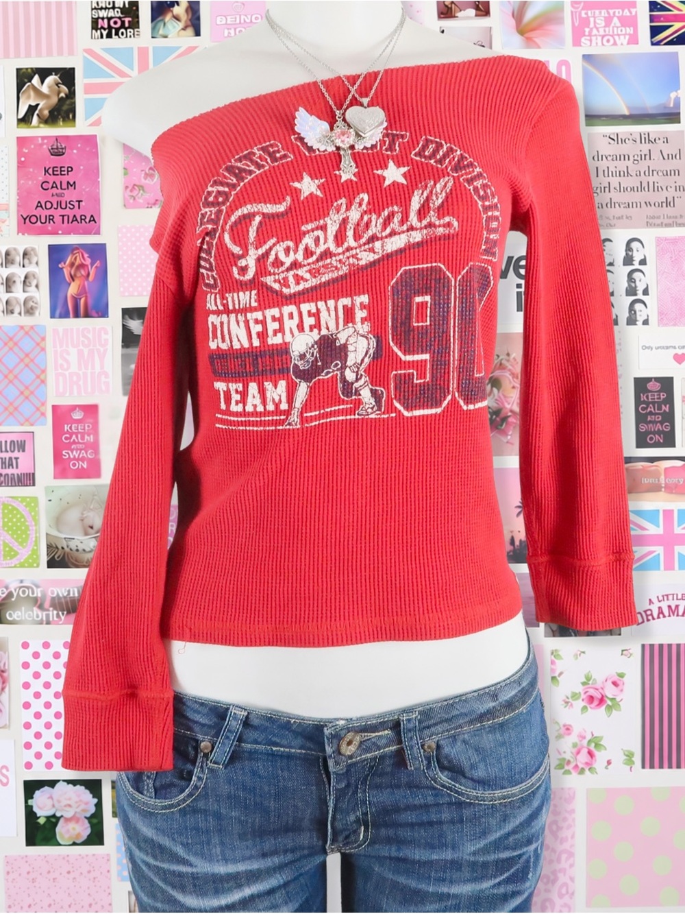 vintage y2k red football graphic off shoulder long sleeve top 2000s